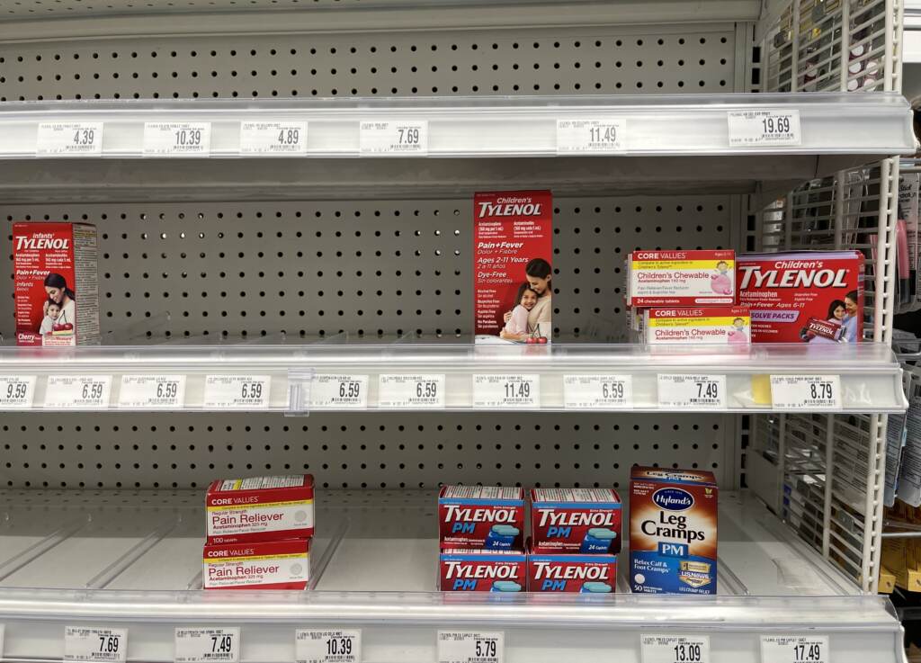 It can be hard to find children's fever-reducing medication in some areas. At a Bed Bath & Beyond in Washington, D.C., on Thursday, a few products were in stock while others were sold out. (Laurel Wamsley/NPR)