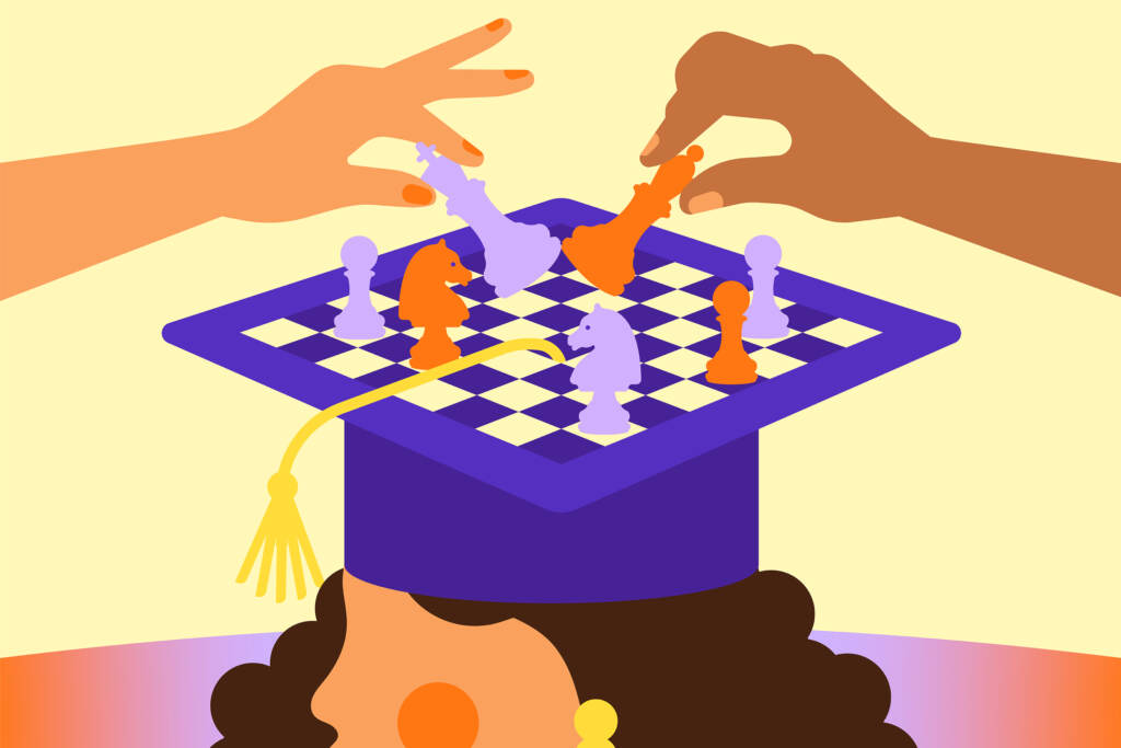 Student loan relief is stuck in a game of chess. An illustration of people playing chess on top of someone's graduation cap