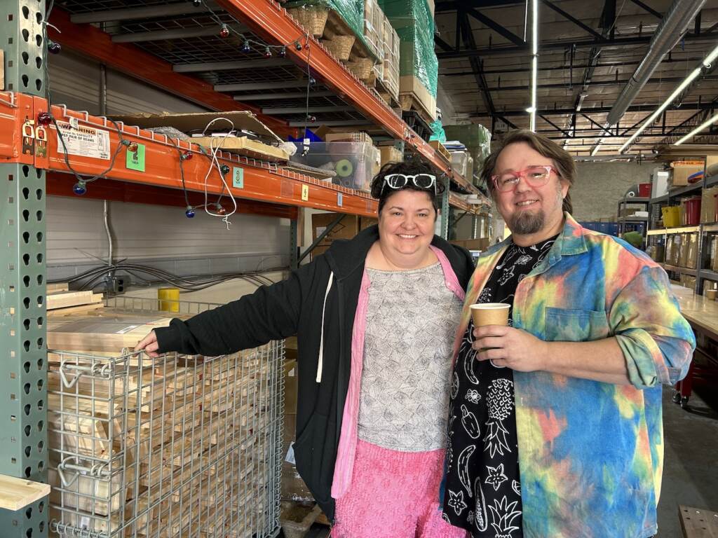 Tiernan Alexander (left) and Tim Eads at their warehouse in Southwest Philly