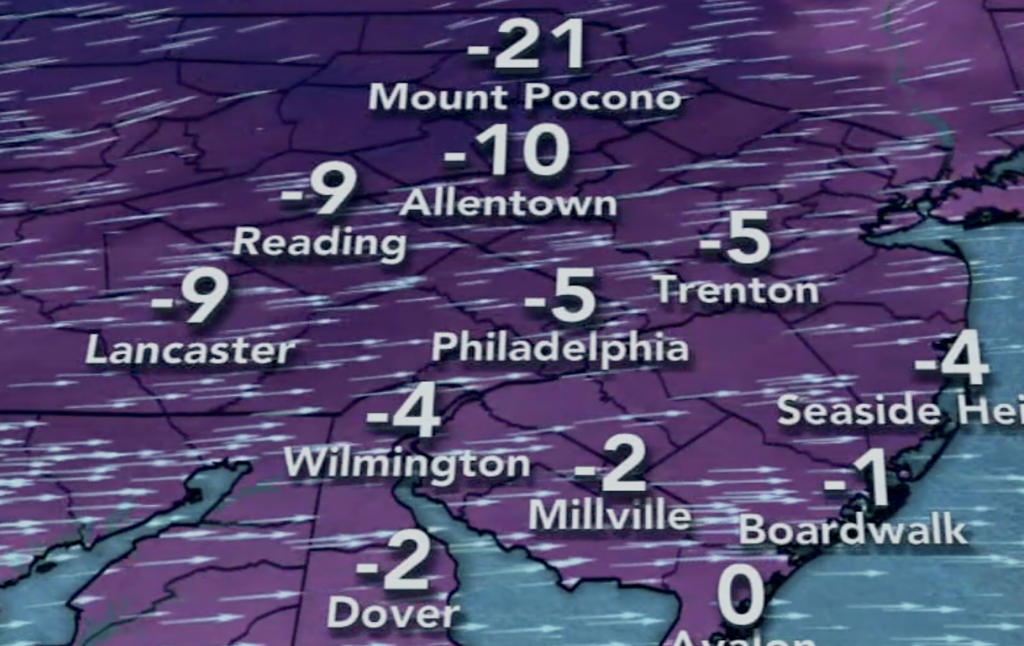 wind-chill-map-6abc-2022-12-23 Expected wind chill forecast for the Philly region over the weekend. (6abc)