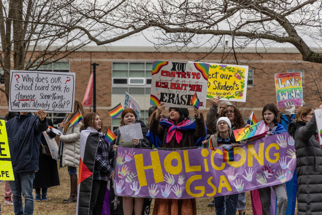 01 17 2023 k paynter general CBSD pride flag ban protest A group of students hold up a sign that reads