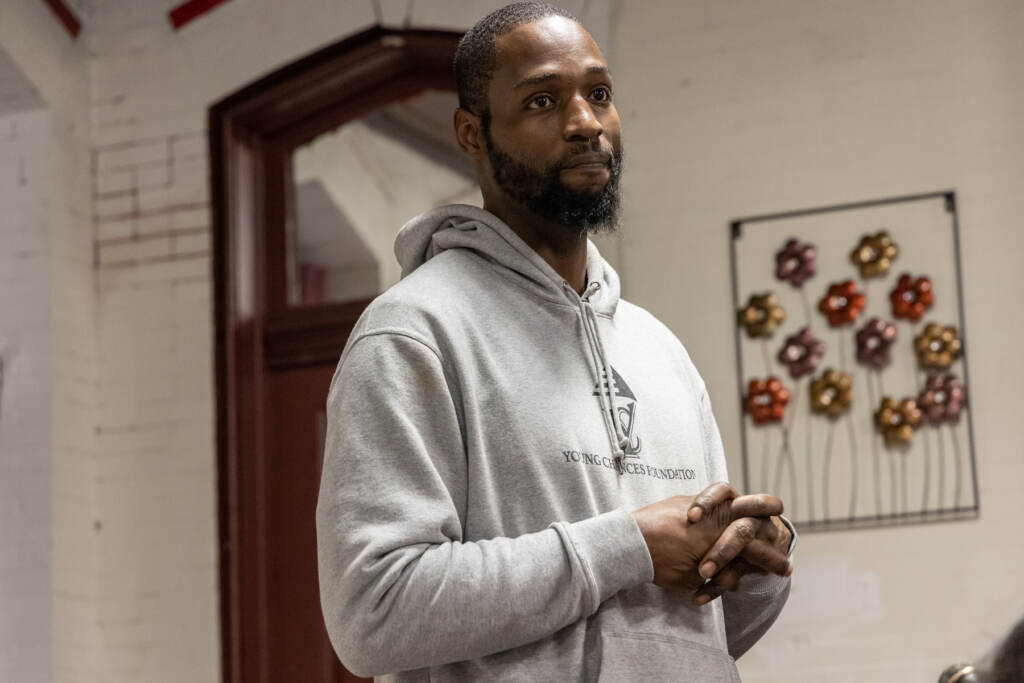 01 26 2023 k paynter tyrique glasgow stop and frisk alternative meeting south philly Tyrique Glasgow, Founder of the Young Chances Foundation, lead a meeting to talk about alternatives to Stop and Frisk policing policy at a public meeting in a South Philadelphia Church on January 25, 2023. (Kimberly Paynter/WHYY)
