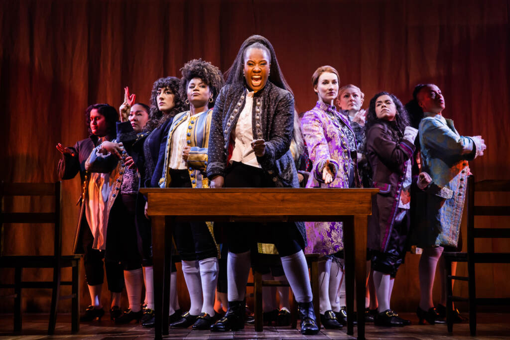 2022 09 20-provided-sushma saha sara porkalob mehry eslaminia gisela adisa crystal lucas-perry elizabeth davis becca ayers brooke simpson oneika phillips-roundabout theatre company 1776 The cast of ''1776'' (from left) Sushma Saha, Sara Porkalob, Mehry Eslaminia, Gisela Adisa, Crystal Lucas-Perry, Elizabeth A. Davis, Becca Ayers, Brooke Simpson, and Oneika Phillips