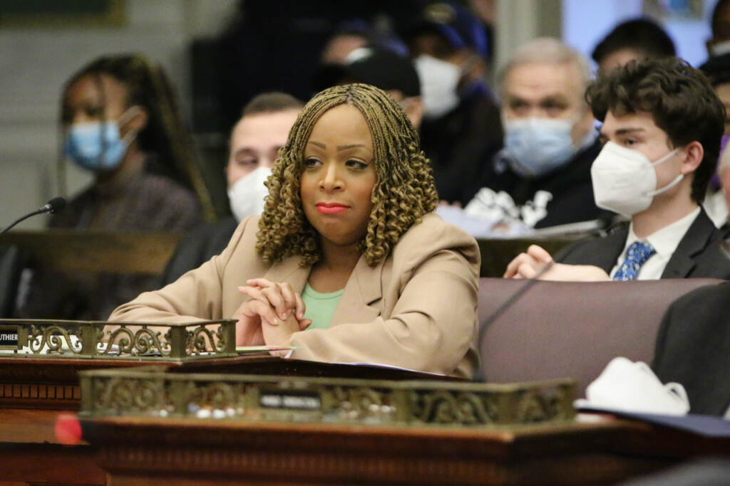 Philadelphia City Council Member Jamie Gauthier. (Emma Lee/WHYY) Philadelphia City Councilmember Jamie Gauthier is seated at her council desk.