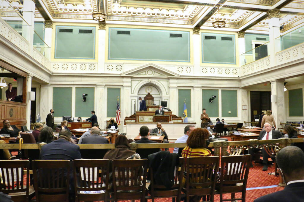 Philadelphia City Council Chamber. (Emma Lee/WHYY) Philadelphia City Council Chamber as seen from the back of the room.