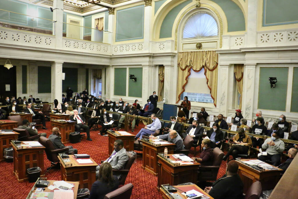 Philadelphia City Council Chamber. (Emma Lee/WHYY) Philadelphia City Council chamber as seen from above.