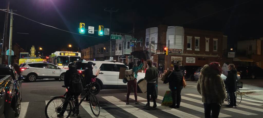 Protesters blocked 23rd and Snyder Ave. right outside the Grand Yesha Ballroom, halting multiple bus routes
