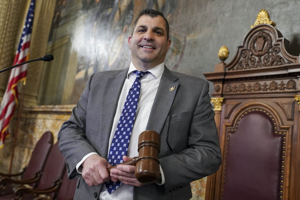 Mark Rozzi Pennsylvania Speaker of the House Mark Rozzi is photographed at the speaker's podium, Tuesday, Jan. 3, 2023, at the state Capitol in Harrisburg, Pa. (AP Photo/Matt Smith)