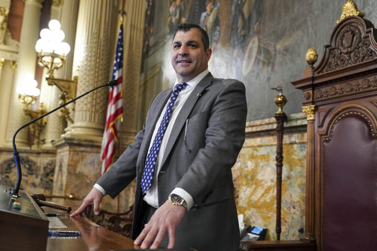 Mark Rozzi smiles, standing at a podium.