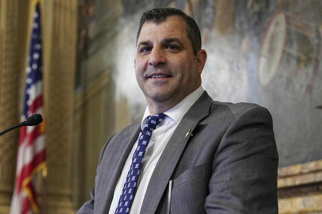 Mark Rozzi Pennsylvania Speaker of the House Mark Rozzi is photographed at the speaker's podium, Tuesday, Jan. 3, 2023, at the state Capitol in Harrisburg, Pa. (AP Photo/Matt Smith)