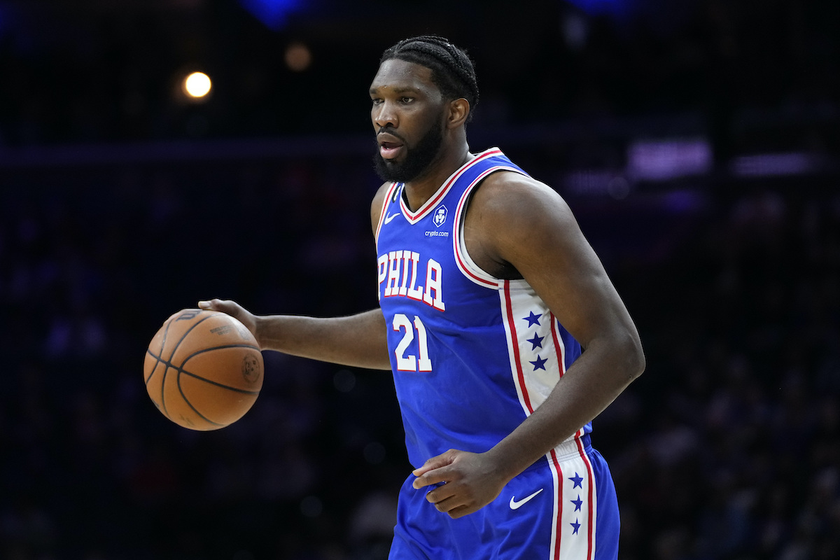 Philadelphia 76ers' Joel Embiid dribbles during the first half of an NBA basketball game against the Detroit Pistons, Tuesday, Jan. 10, 2023, in Philadelphia