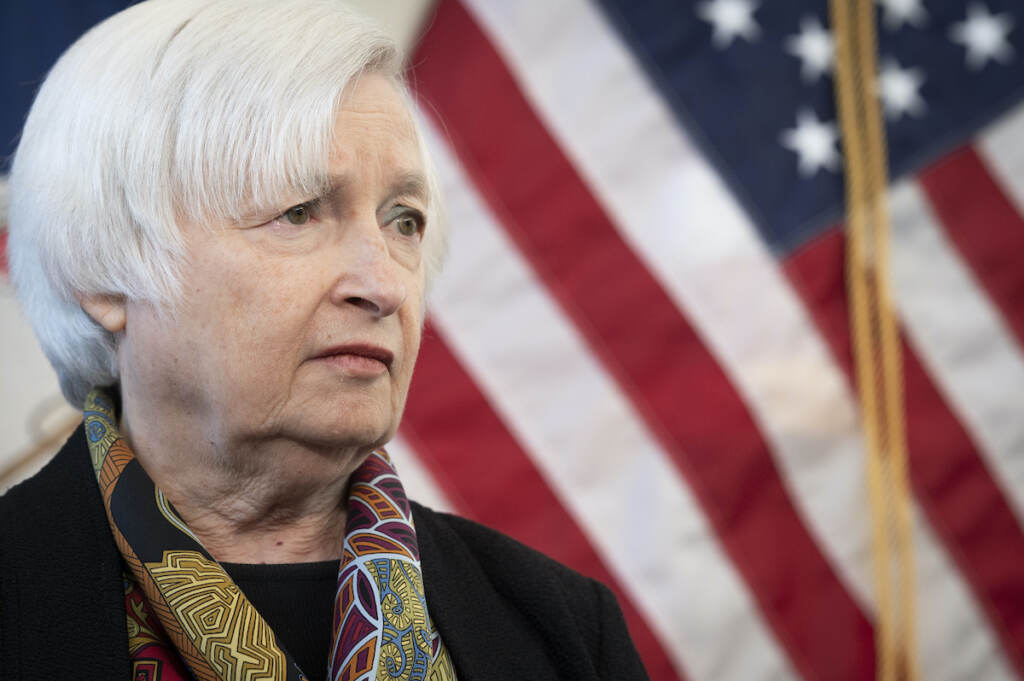 Treasury Secretary Janet Yellen speaks with reporters