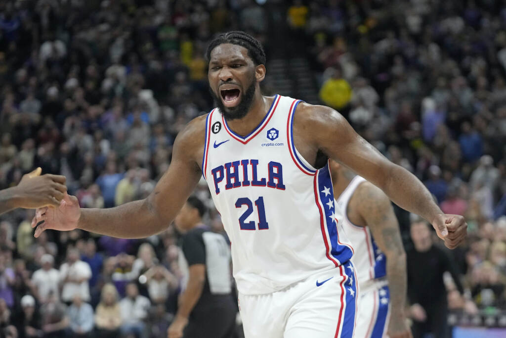 Joel Embiid Philadelphia 76ers center Joel Embiid (21) celebrates following a victory over the Utah Jazz