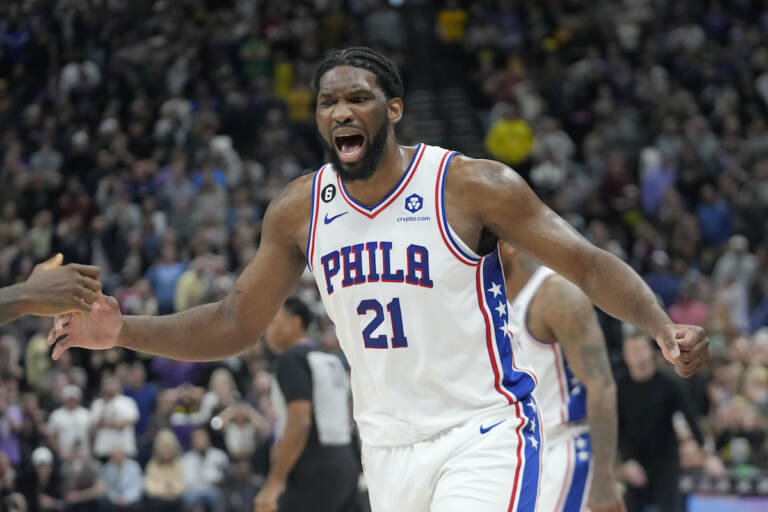 Philadelphia 76ers center Joel Embiid (21) celebrates following a victory over the Utah Jazz