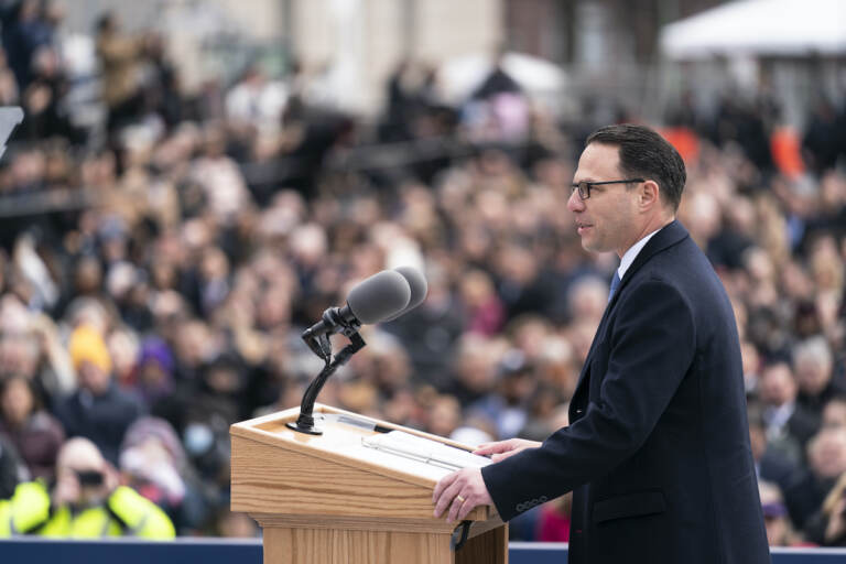 Democratic Gov. Josh Shapiro speaks after taking the oath of office to become Pennsylvania's 48th governor