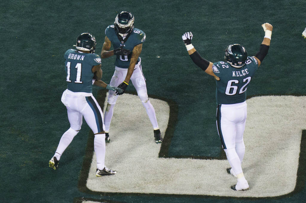 DeVonta Smith, A.J. Brown, Jason Kelce Philadelphia Eagles wide receiver DeVonta Smith (6) celebrates his touchdown with wide receiver A.J. Brown (11) and center Jason Kelce (62)