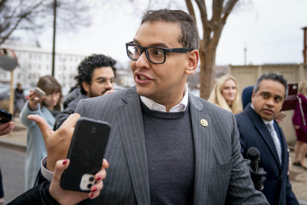 George Santos Rep. George Santos, R-N.Y., leaves a House GOP conference meeting on Capitol Hill
