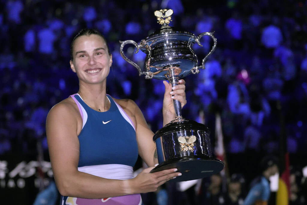 Aryna Sabalenka of Belarus holds the Daphne Akhurst Memorial Trophy after defeating Elena Rybakina