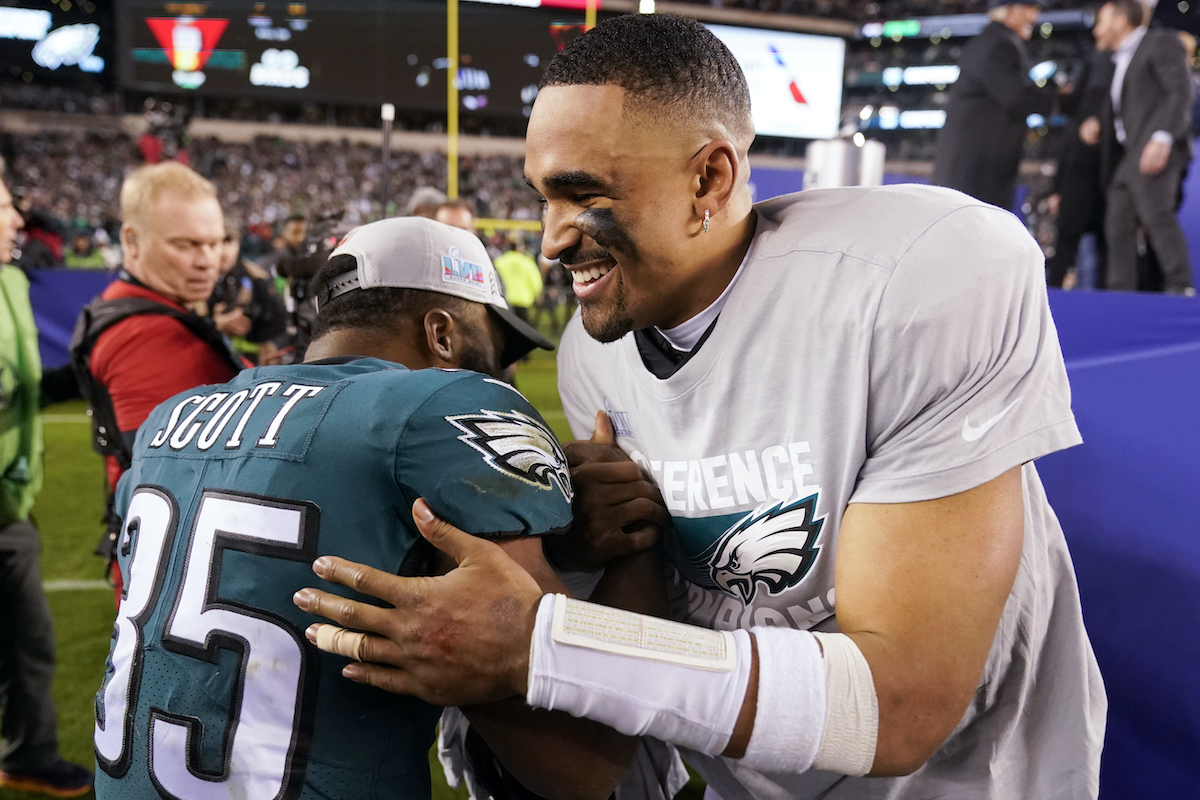 Boston Scott,Jalen Hurts Philadelphia Eagles running back Boston Scott (35) and quarterback Jalen Hurts celebrate after the NFC Championship NFL football game between the Philadelphia Eagles and the San Francisco 49ers