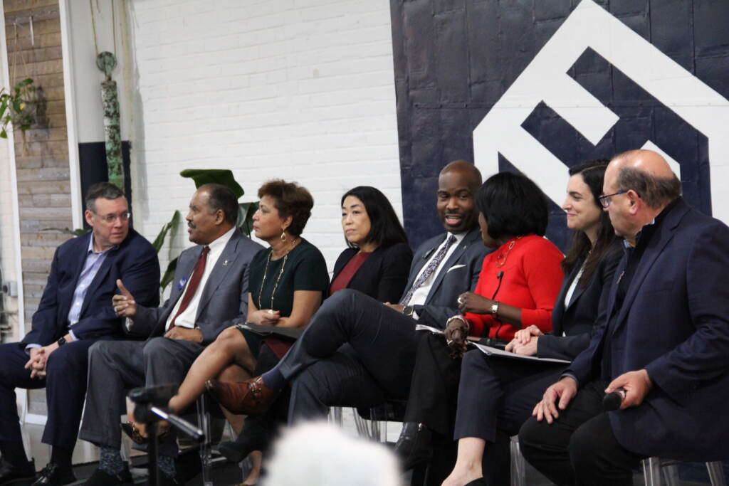 Philly mayoral candidates are seen on stage at a candidate forum