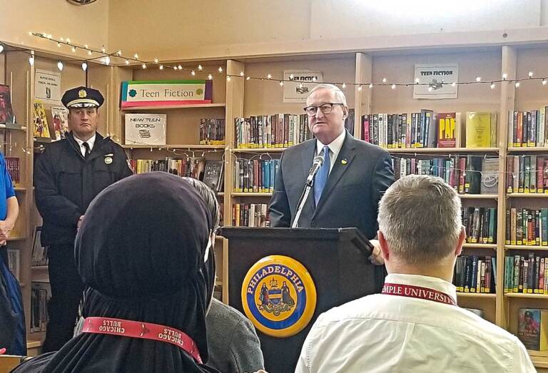 Philadelphia Mayor Jim Kenney speaking in Kensington at the unveiling of the city's plans for spending $20 million in opioid settlement funds on Thursday, Jan. 5, 2023.