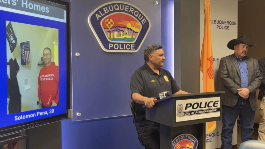 Albuquerque Police Chief Harold Medina speaks about the arrest of Solomon Peña, seen at left in an image projected onto a screen. Albuquerque Police Chief Harold Medina speaks about the arrest of Solomon Peña, seen at left in an image projected onto a screen