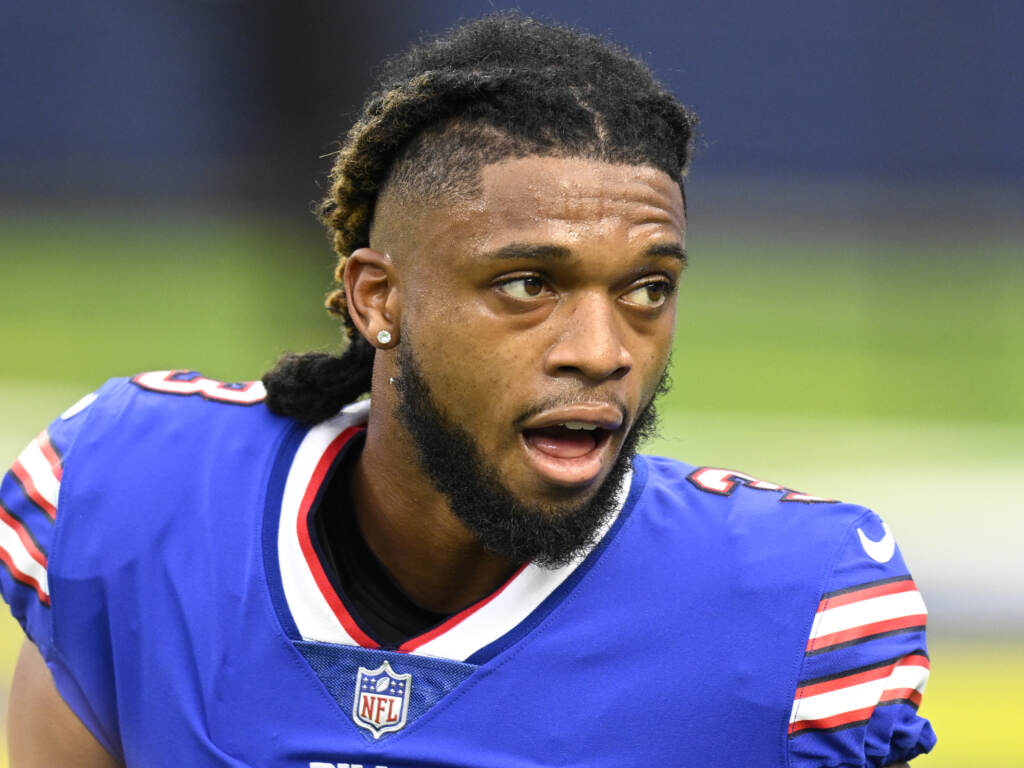 Buffalo Bills safety Damar Hamlin has been discharged from the hospital following his return home to Buffalo, N.Y., after suffering cardiac arrest and collapsing during a game against the Cincinnati Bengals on Jan. 2. Here, Hamlin is shown with his helmet off before playing the Los Angeles Rams during an NFL game on Sept. 8, 2021, in Inglewood, Calif. Buffalo Bills Damar Hamlin with his helmet off before playing the Los Angeles Rams during an NFL football game