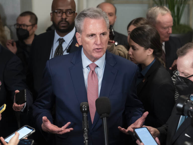 House Republican Leader Kevin McCarthy, R-Calif., speaks after a closed-door meeting Tuesday morning with the GOP conference as he pursues the speaker of the House. (Alex Brandon/AP)