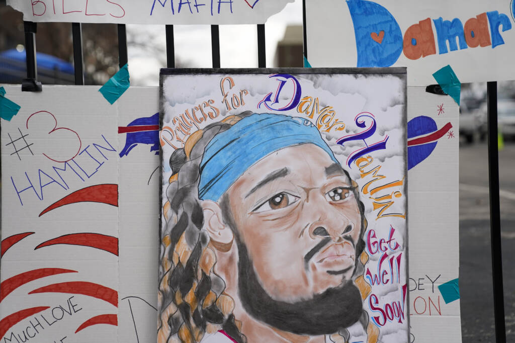 An artist’s portrait of Buffalo Bills safety Damar Hamlin is displayed Thursday outside UC Medical Center, where the 24-year-old remains hospitalized. An artist's portrait of Buffalo Bills safety Damar Hamlin is displayed Thursday outside UC Medical Center, where the 24-year-old remains hospitalized. (Joshua A. Bickel/AP)