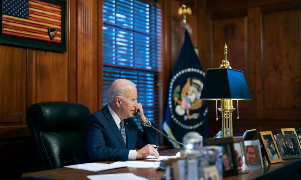 President Biden pictured at his home office President Biden pictured at his home office in his private residence in Wilmington, Del., in 2021. This week, the Department of Justice announced that improperly stored classified documents had been discovered at the president's Wilmington home