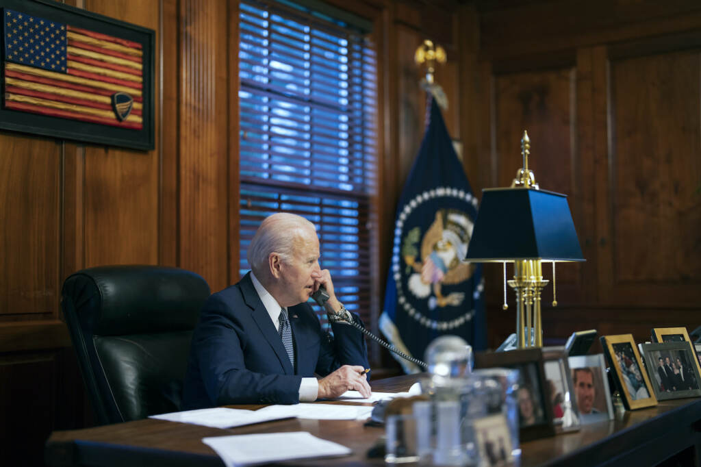 Biden Wilmington FILE - In this file image provided by The White House, President Joe Biden speaks with Russian President Vladimir Putin on the phone from his private residence in Wilmington, Del., Dec. 30, 2021. Biden acknowledged on Thursday that a document with classified markings from his time as vice president was found in his “personal library” at his home in Wilmington, Delaware, along with other documents found in his garage, days after it was disclosed that sensitive documents were also found at the office of his former institute in Washington. (Adam Schultz/The White House via AP, File)