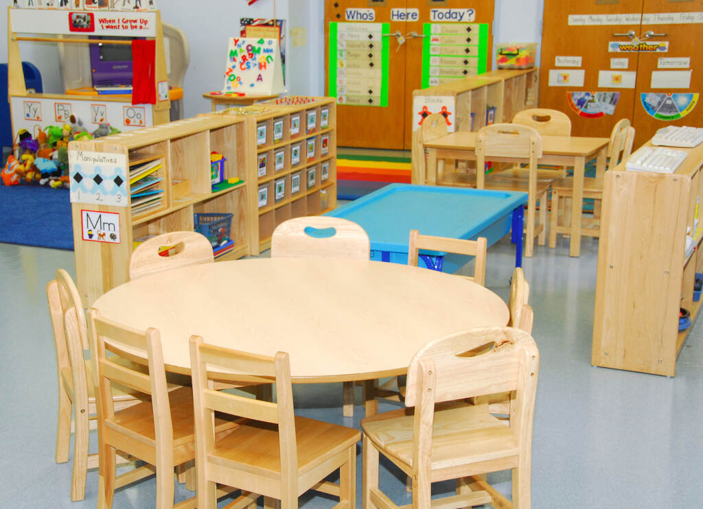 Classroom and activity stations of preschool Empty pre-K classroom
