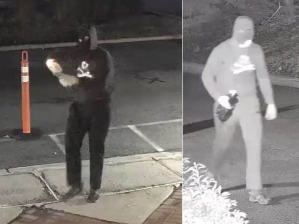 Police in Bloomfield, N.J. are looking for the suspect who hurled a Molotov cocktail at the entrance of a synagogue early Sunday morning. Surveillance video shows him wearing a ski mask and skull and crossbones top. Police in Bloomfield, N.J. are looking for the suspect who hurled a Molotov cocktail at the entrance of a synagogue early Sunday morning