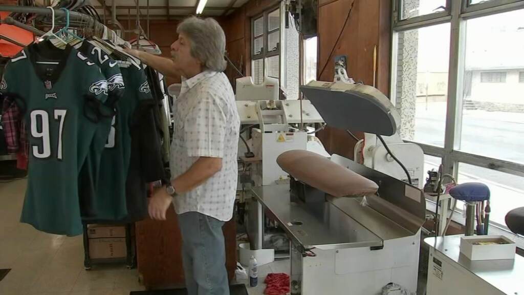 eagles-super-bowl-jersey-cleaners-6abc Linn's cleaners in South Philadelphia has been keeping the Eagles looking fresh on game day for a decade or so, and this week is no different. (6abc)