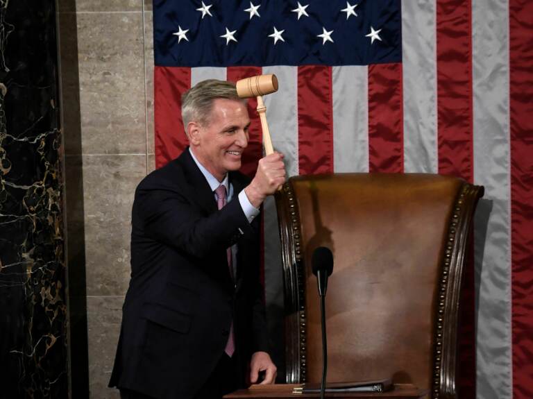 Newly elected speaker of the House of Representatives Kevin McCarthy holds the gavel on Jan. 7, 2023. (Olivier Douliery/AFP via Getty Images)