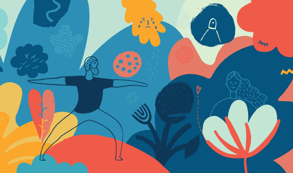 Sometimes the best new year’s resolution is quiet time and self care. A brightly-colored illustration shows a person doing yoga.