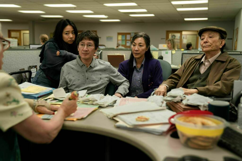 Stephanie Hsu, Ke Huy Quan, Michelle Yeoh and James Hong in Everything Everywhere All at Once, which led the Oscar nominations Tuesday. Stephanie Hsu, Ke Huy Quan, Michelle Yeoh and James Hong in Everything Everywhere All at Once