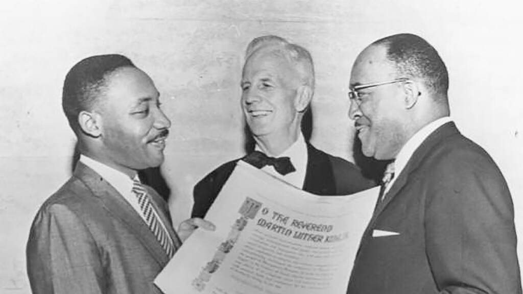 martinlutherking-humanitarianaward-crop Rev. Martin Luther King Jr., left, receives the National Fellowship Award in 1957 in Philadelphia.