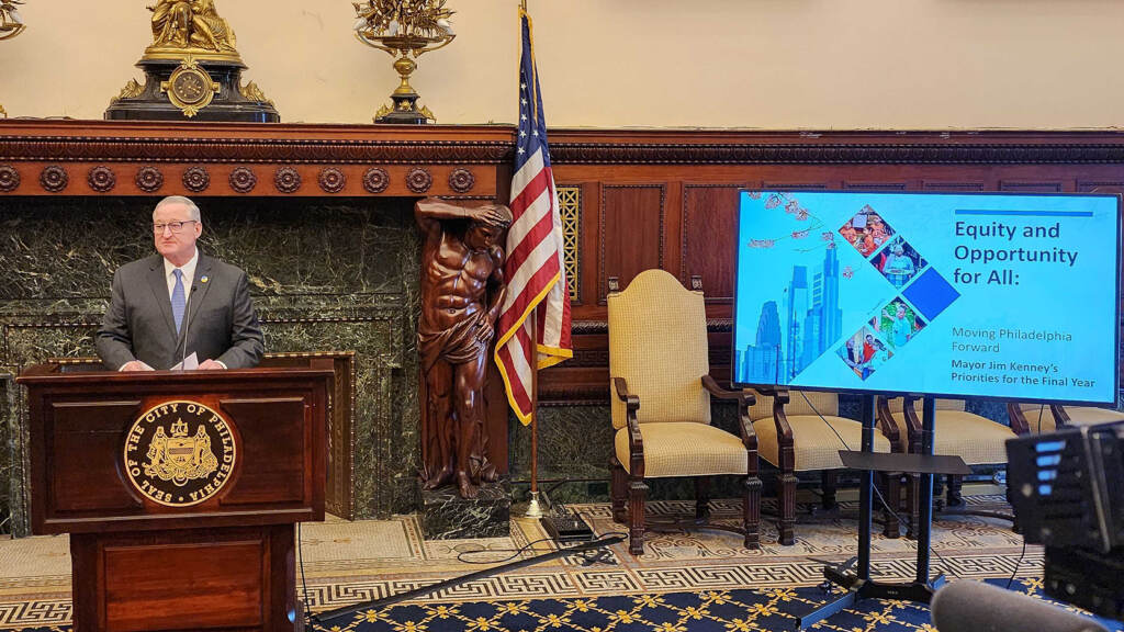 mayor-jim-kenney-t-macdonald-2023-01-11 Mayor Jim Kenney speaking at City Hall on January 11, 2023. (Tom MacDonald/WHYY)