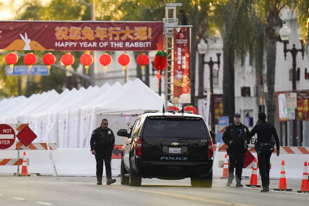 APTOPIX California Shooting Police officers stand outside a ballroom dance club in Monterey Park