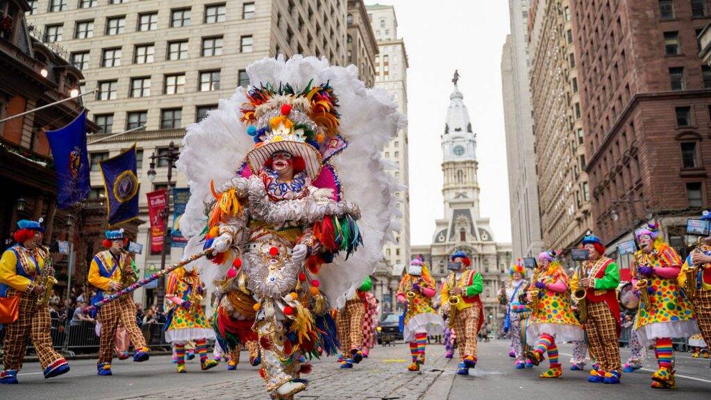 A troupe performs during the 2022 Mummers Parade. (Michael Reeves for Billy Penn)