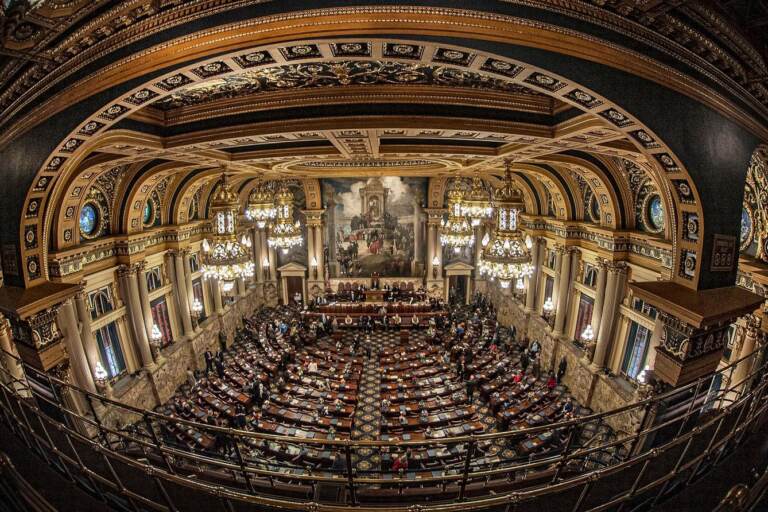 An aerial view of the legislature in Harrisburg's State Capitol.