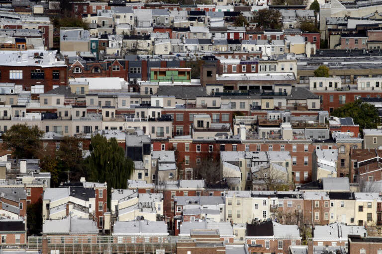Rowhouses are seen overhead in Philly