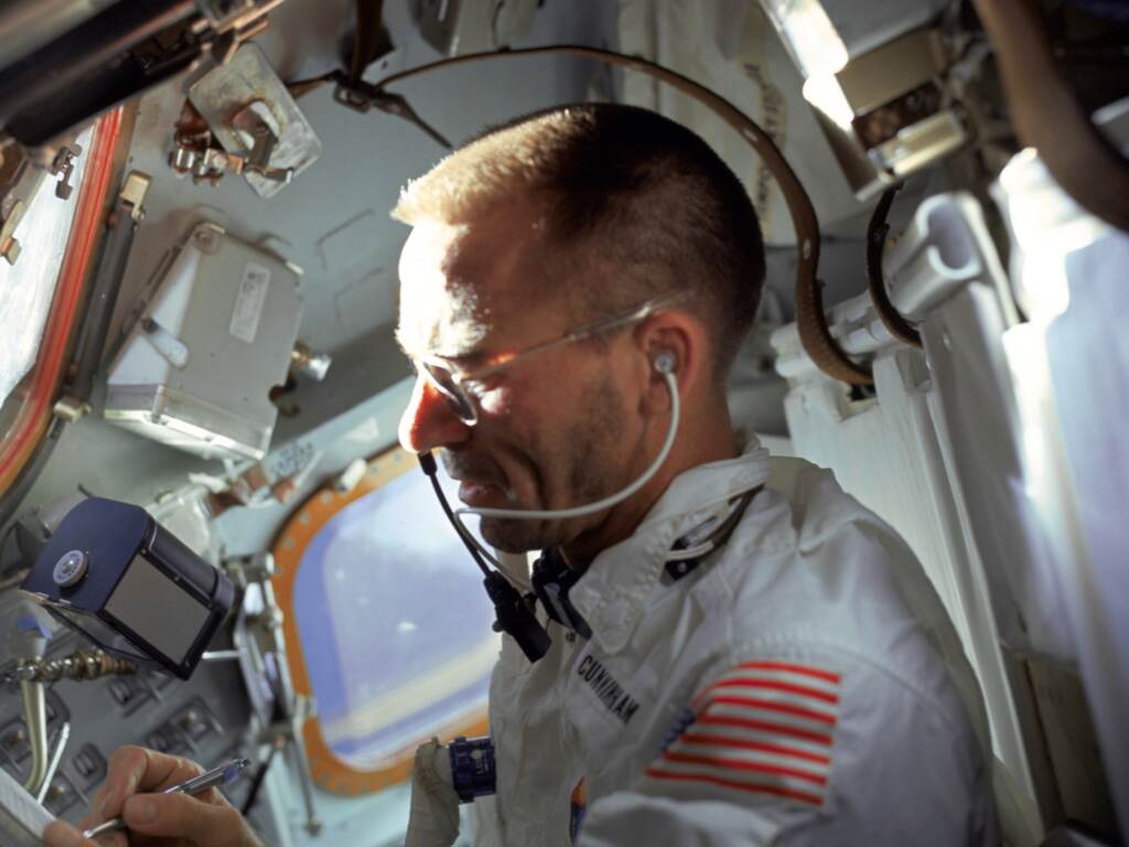 Lunar module pilot Walt Cunningham performs flight tasks on the ninth day of the Apollo 7 mission in 1968. Lunar module pilot Walt Cunningham performs flight tasks on the ninth day of the Apollo 7 mission in 1968. (NASA)