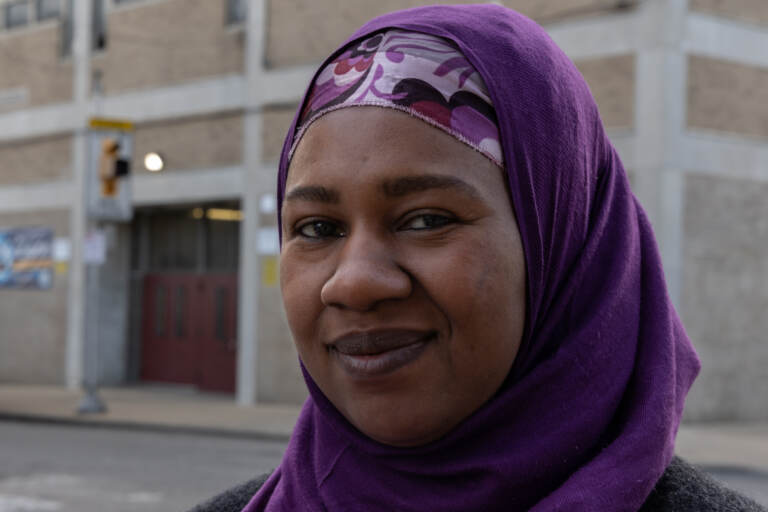 Haajar Abdullah-Aziz outside Robert Morris Elementary School in Philadelphia. (Kimberly Paynter/WHYY)