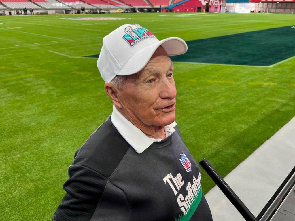 Shown here at State Farm Stadium in Glendale, Arizona, George Toma has had a hand in Super Bowl playing surfaces since the very beginning — the 1967 championship between the Kansas City Chiefs and the Green Bay Packers. (Greg Echlin/KCUR 89.3)