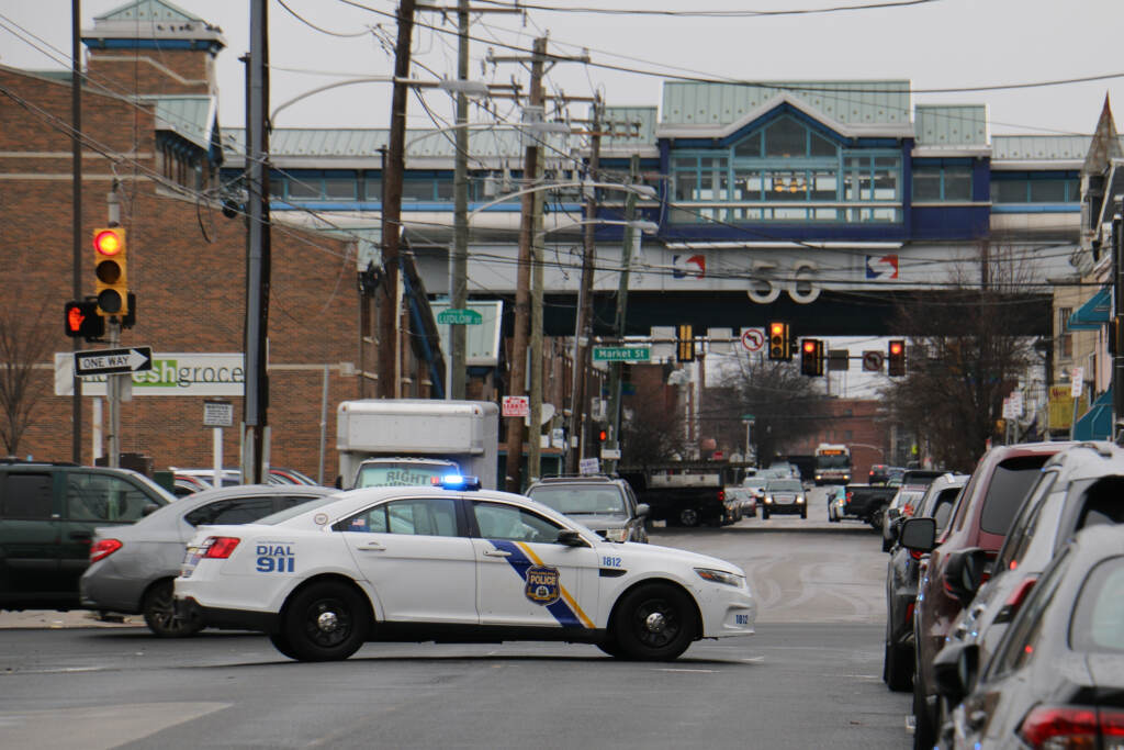 2023-01-31-e-lee-philadelphia-56th-and-sansom-shooting-police-car-el-2 A police car on 56th Street in West Philadelphia.