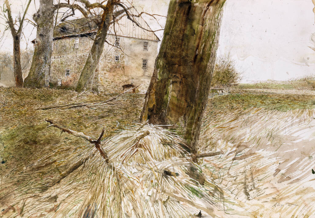 2023 02 10-provided-brandywine museum chadds ford pa-andrew wyeth home places exhibit noahs ark A painting of a tree and a millhouse.