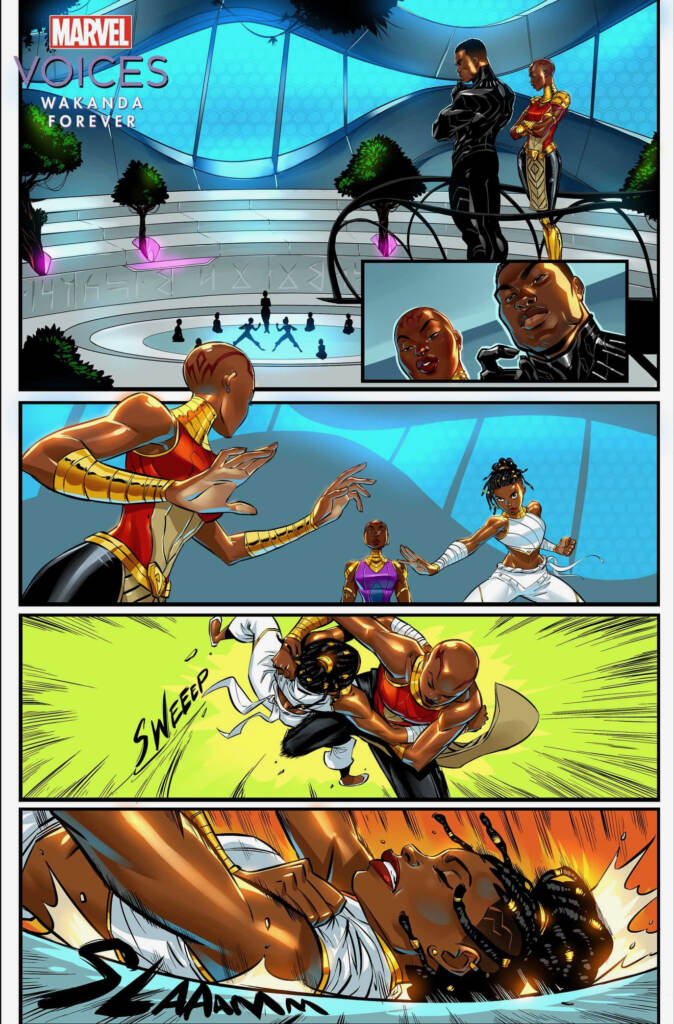 A comic strip shows a new character in the Wakanda universe.