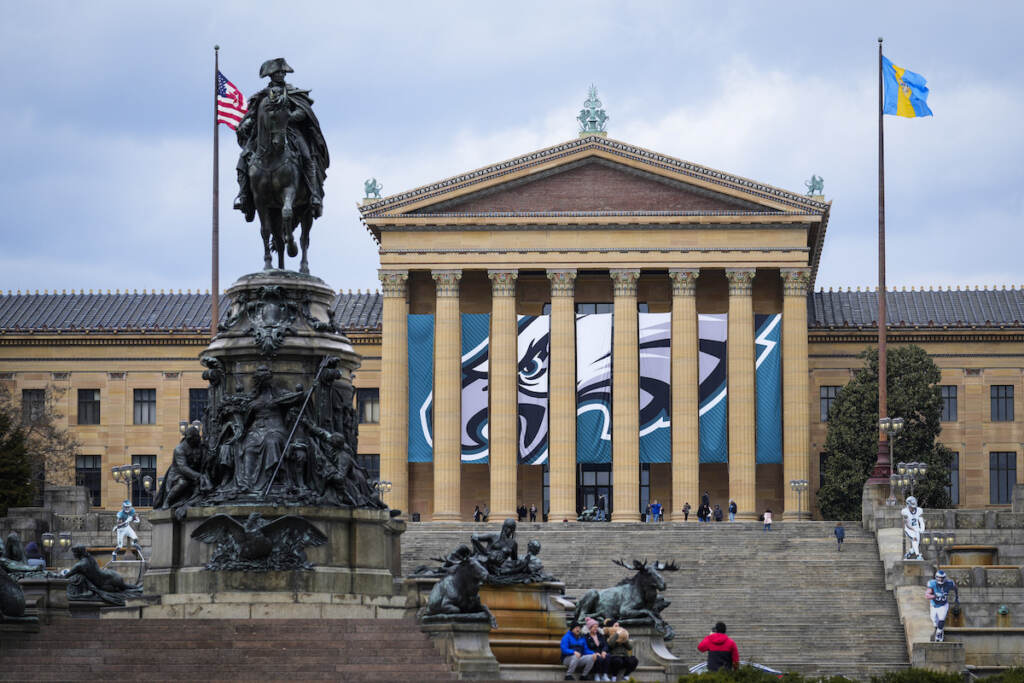 Eagles Football The Art Museum with a massive Eagles banner behind the pillars